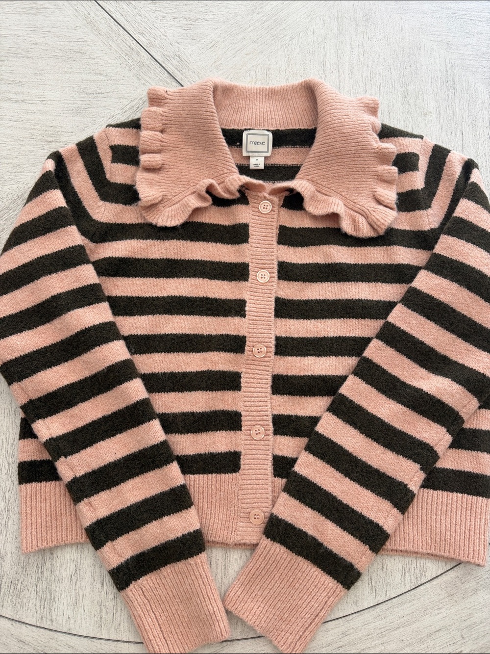 Maeve Pink & Black Striped Ruffle Collar Cardigan